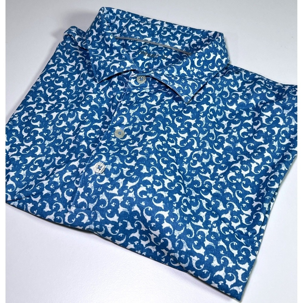 Johnnie-O Golf Polo Mens L Blue White Biscayne Gozzer Rance Logo Prep-Formance